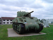 Photo of the Sherman tank displayed outside of Waterloo Officers' Mess at CFB Borden